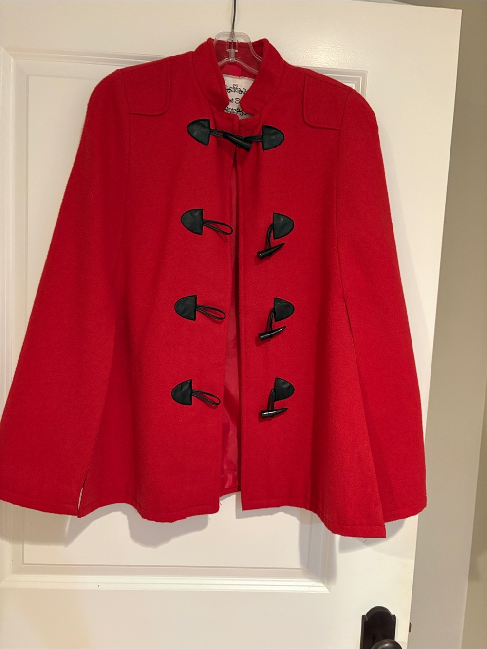 Heart Soul Red Toggle Wool Cape Coat with Black Accents